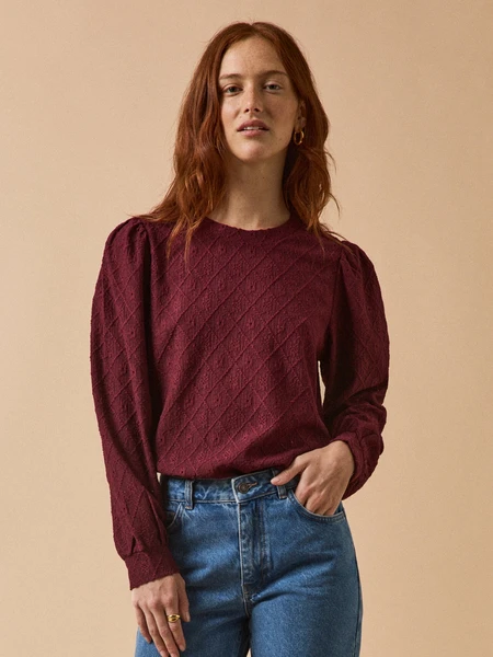 T-shirt jacquard manches bouffantes femme