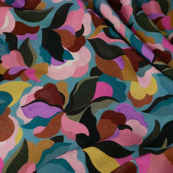 Tissu viscose oeko-tex fleurs picturales - bleu