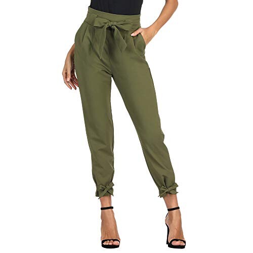 GRACE KARIN Femme Pantalon Moderne Chic Carotte élastique Ceinture Mode Crayon Taille Haute Bow-Knot Chic Olive L CL903-2