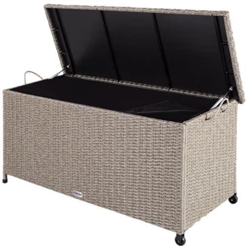 Deuba Coffre de Rangement polyrotin crème 122x56x61cm Malle de Rangement 2 vérins à gaz Hydrofuge intérieur extérieur Rangement Coussins