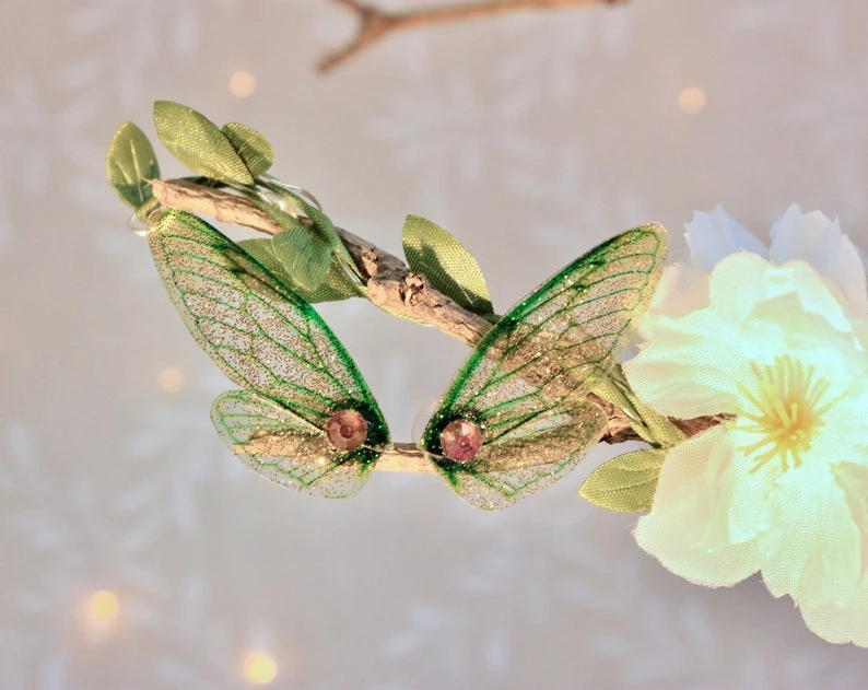Earrings, chips, green fairy wings, magical, fantastic