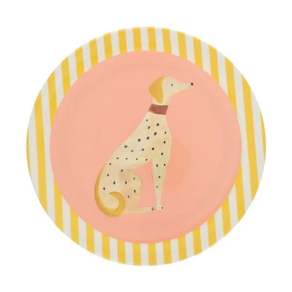 Assiette en mélamine rose et jaune rayée - Olympe