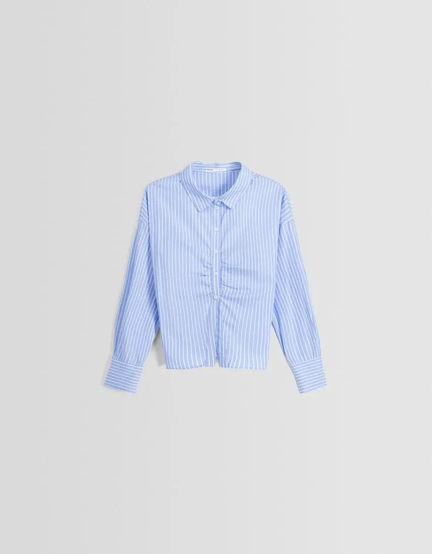 Chemise manches longues popeline rayures froncée