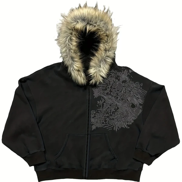 Y2K Streetwear Retro Cardigan Chaud pour Hommes et Femmes, Sweat à Capuche Ample, Hoodie d'Hiver Tendance Doublé Polaire avec Imprimé Crâne et Fermeture Éclair.