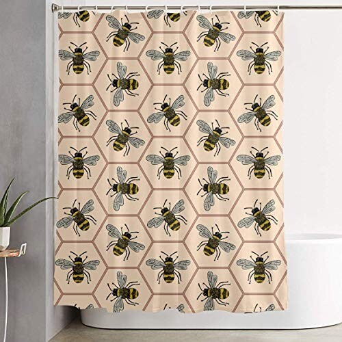ugongchengyouxi Rideau de Douche Bees on Peach Honeycomb Pattern Shower Curtain with Hooks 60 X 72 inches for Decorative Bathroom Curtains Decoration Creative Home Ideas