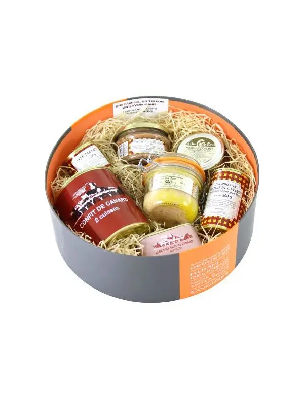 Boîte Ronde cartonnée garnie de produits du Sud-Ouest