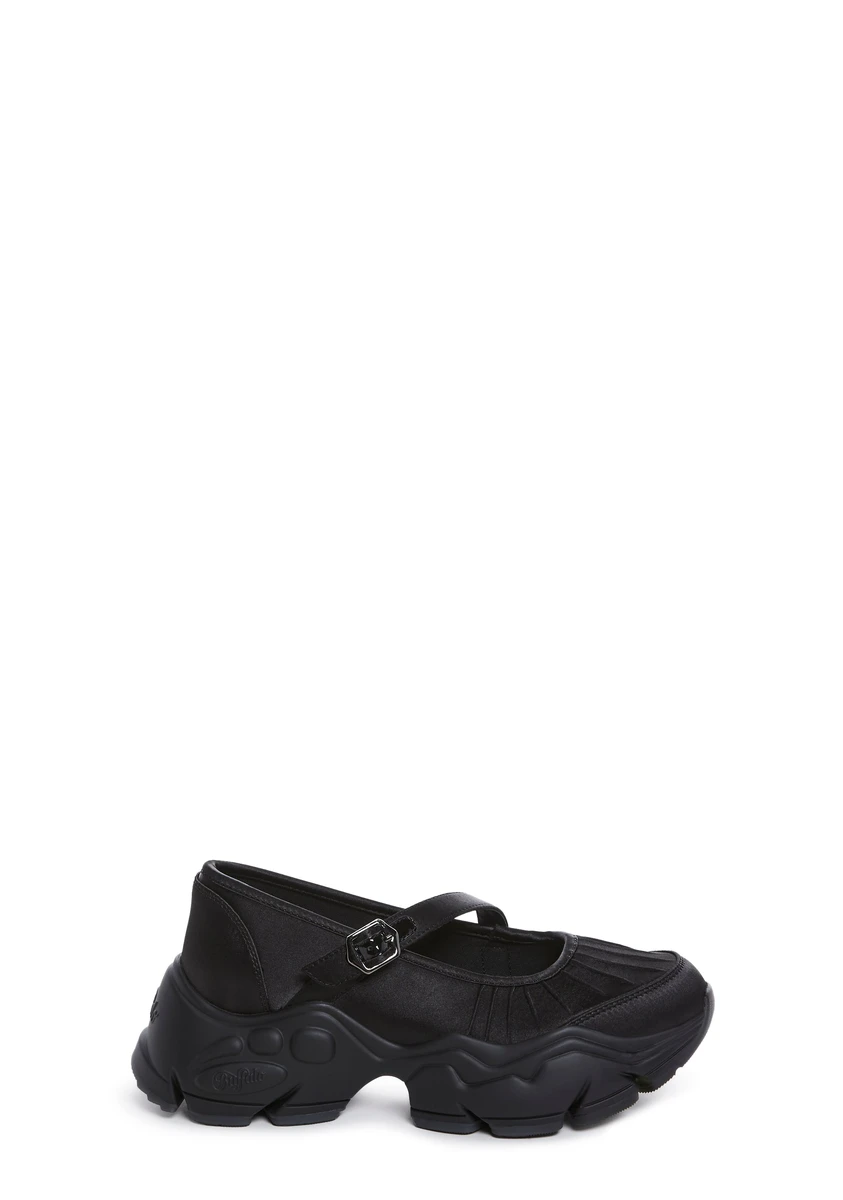 Buffalo London Platform Satin Ballet Platform Mary Janes - Black
