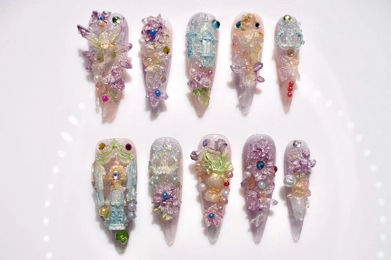 Nail Art 3D mythique fleur fée | Perle de mariage à l'église | Presse-ongles pour mariée diamant | Faux ongles faits main fantaisie | Luxe Élégant