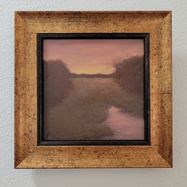 Framed Pink Sunset Painting - Small Original 5x5 oil on wood panel, landscape artwork, river wall hanging, 7x7 frame, soft muted tonal art