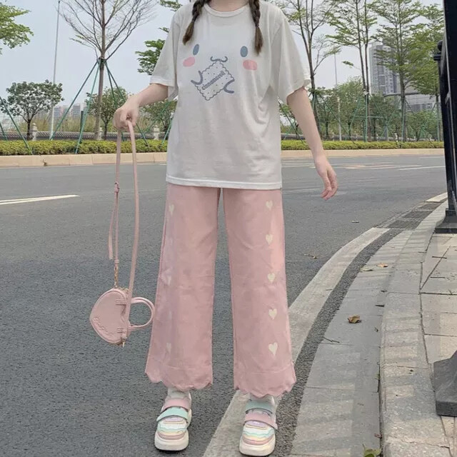HOUZHOU – pantalon Style japonais Harajuku Kawaii pour femmes, taille élastique, décontracté, Beige, doux, surdimensionné, ample, automne | AliExpress