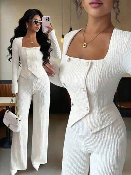 Elenzga Ensemble 2 pièces texturé uni à la mode pour femme, comprenant un blazer ajusté à manches longues et col cranté, un pantalon ample taille haute et droit, un style décontracté élégant, idéal pour les rendez-vous, les déplacements domicile-travail, l'automne et l'hiver. | Mode en ligne | SHEIN FRANCE