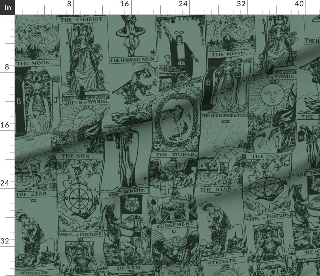 Fabric in Bold Moody Duotone Dark Sage Green & Haint Blue Vintage Tarot Card