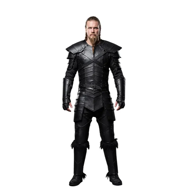 Nomad King-Handmade Black Leather Viking Armor With Fur - Genuine Leather Knight Armor Costume - Pure Black Leather Medieval Armor
