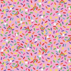 SPRINKLES STARS AND RAINBOWS on PINK Fabric | Spoonflower