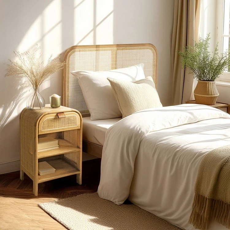 Chevet Forme Arrondie Mindi & Rotin Naturel 1 Tiroir 2 Étagères Amy