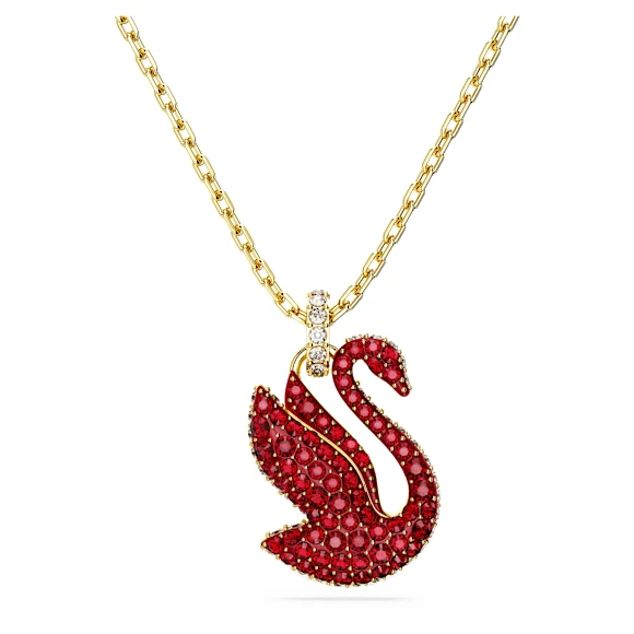 Pendentif Swan, Cygne, Medium, Rouge, Placage de ton or