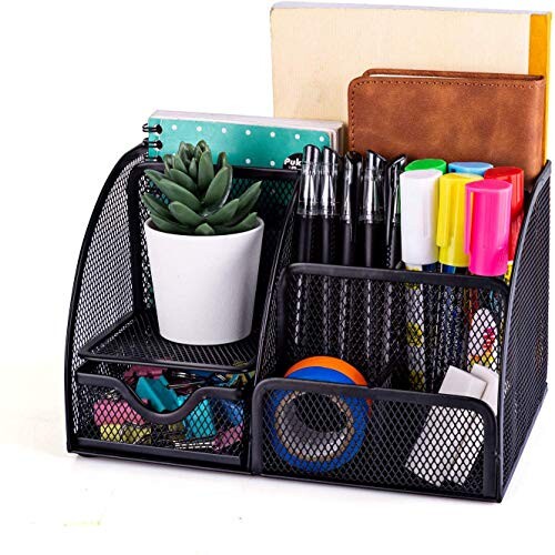 KEPEAK Rangement de Bureau Multifonctionnel, Organisateur de Bureau en Filet Simple avec Tiroir Coulissant, Porte-Stylo Noir Peu Encombrant