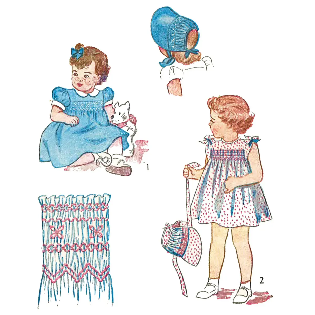 PDF - Modèle des années 1940, robe et bonnet pour enfant avec smocks - Tour de poitrine 20" (50,8 cm) - Imprimez instantanément à la maison