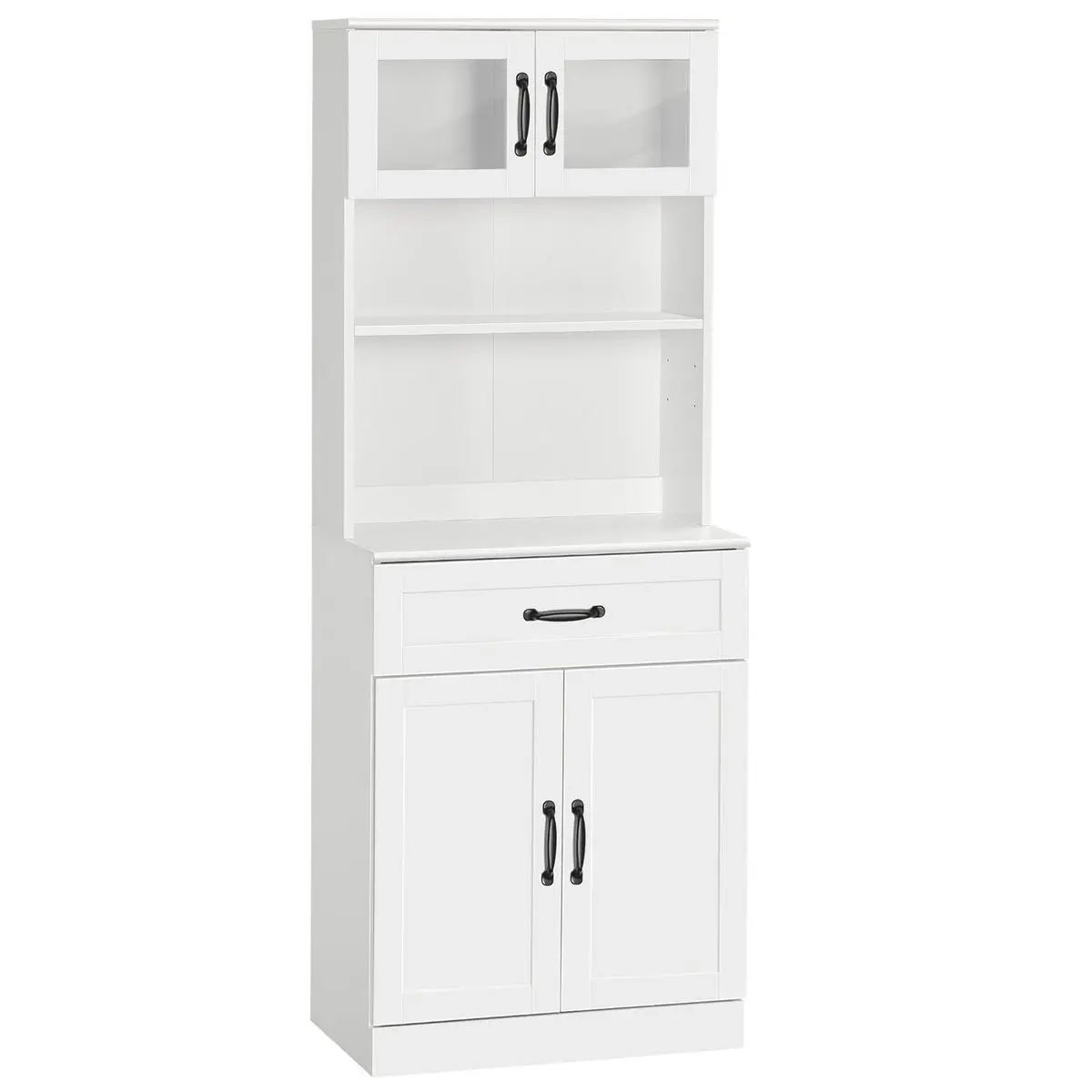 HOMCOM Buffet haut 4 portes étagère niche tiroir coulissant plan de travail poignées métal noir verre trempé MDF blanc