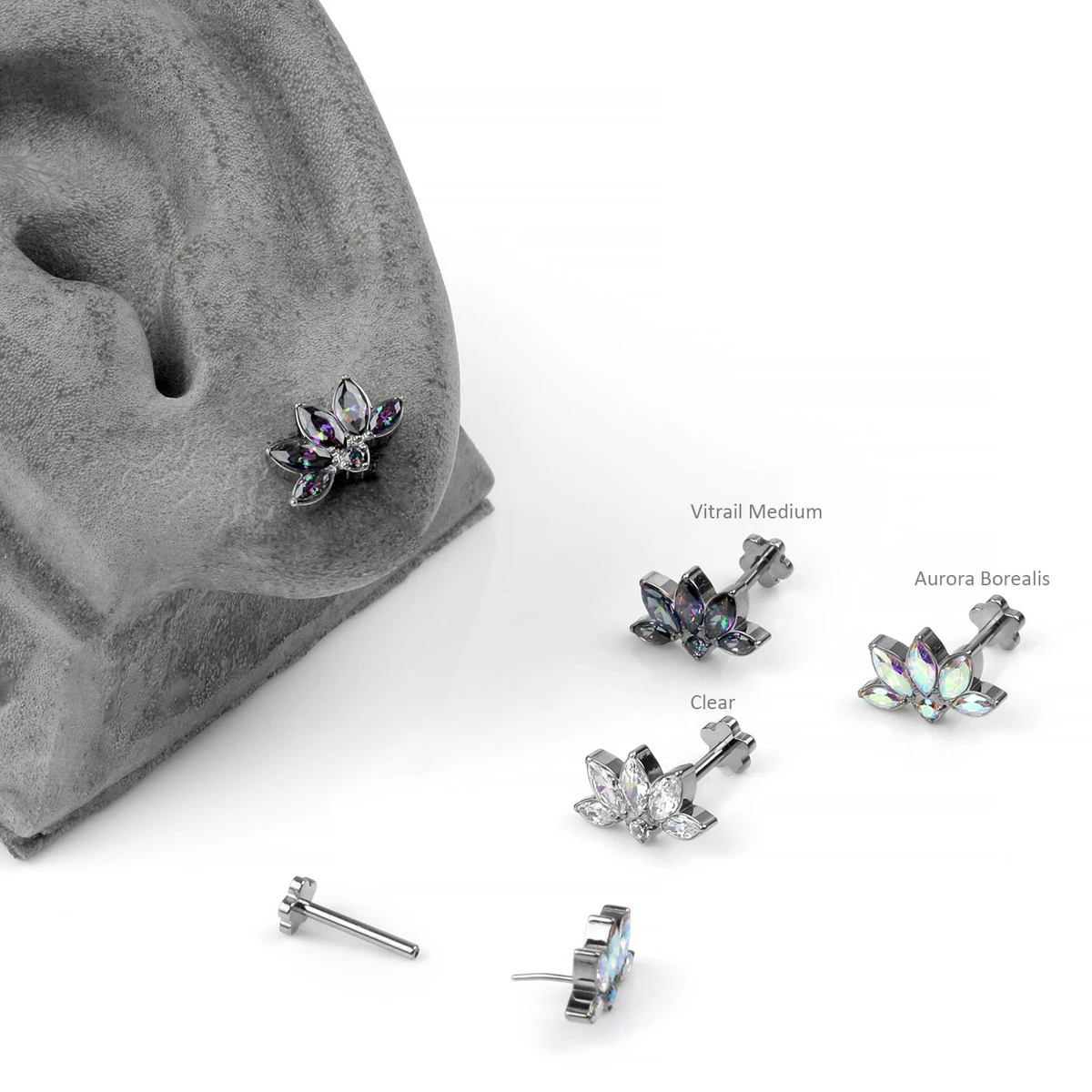 Threadless Flatback Lotus Earrings With Synthetic Gems
