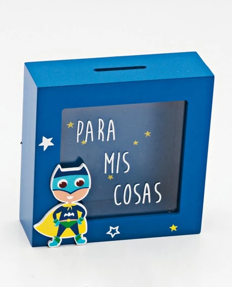 Hucha de madera en azul con ventana de cristal y con un súper héroe