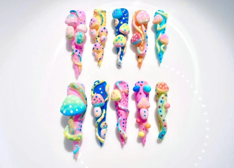 Presse-champignons colorés 3D sur les ongles | Conception de forêt fantastique | Faux ongles longs stylets faits main | Art d'ongle fantaisiste