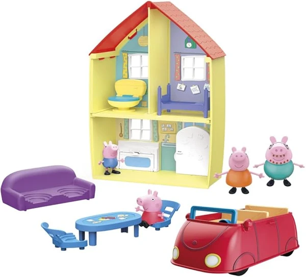 Peppa Pig Coffret Maison de Peppa Et Sa Famille Avec Voiture Et Effets Sonores, 4 Figurines, 6 Accessoires, Dès 3 Ans Exclusivité sur Amazon, Rose