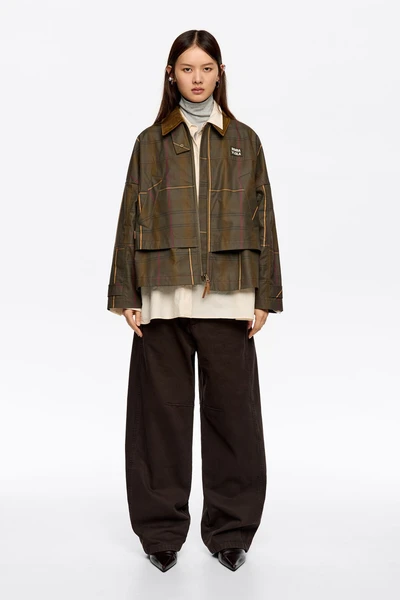 Trench trapèze court carreaux kaki