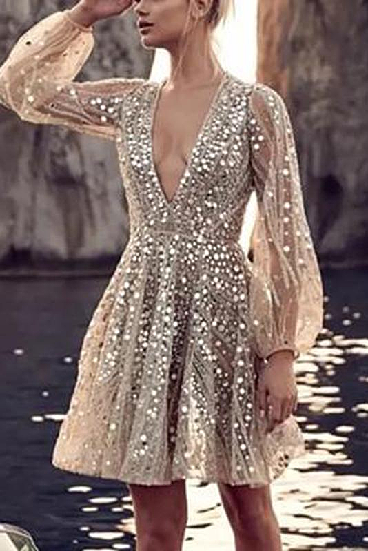 Elegant V Neck Paillette Long Sleeve Resist Evening Dress
