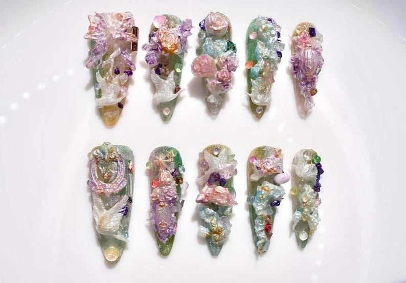 Nail Art 3D mythique fleur fée | Perle de mariage d'oies sauvages | Presse pour bijou de mariée sur les ongles | Faux ongles faits main fantaisie