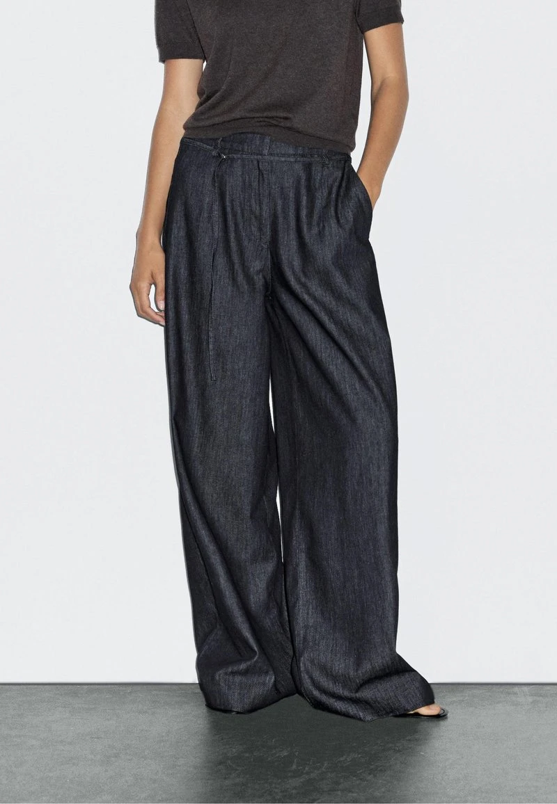 HIGH-WAIST WIDE-LEG WITH BELT - Wide Leg - mottled dark blue