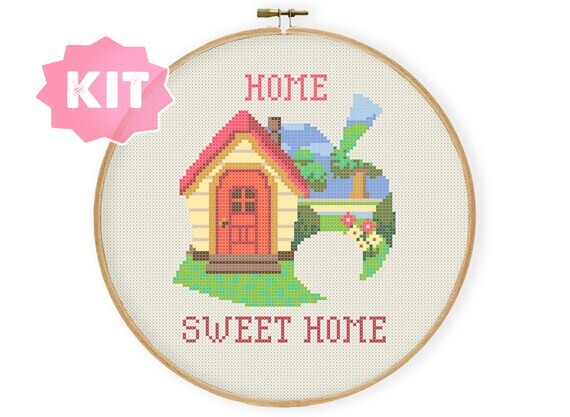 Home Sweet Home Cross Stitch Kit, Geek 8Bit Game Embroidery, home island house leaf shape, Gamer Present geeky housewarming present