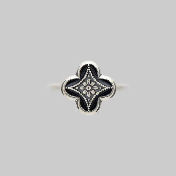 ANNIE. Tudor Crest Black Enamel Ring - Silver