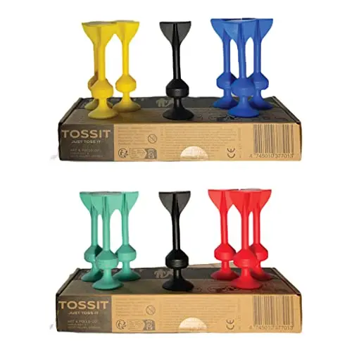 TOSSIT Jeu fléchette Ventouse, pétanque intérieur extérieur pour Sol et Mur, Silicone Puissant et Durable, Pack Friends, x2 Sets, Rouge Cyan &amp; Bleu Jaune