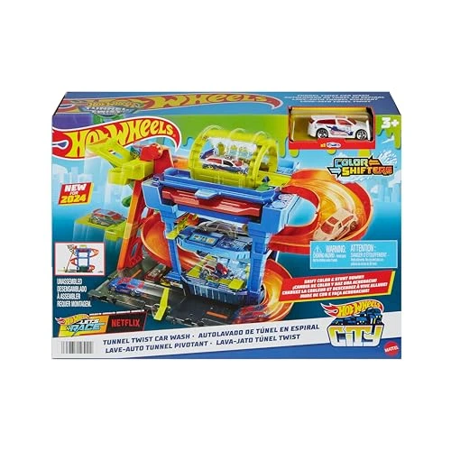 Hot Wheels Let’s Race Netflix - City Le Tunnel de Lavage Coffret Circuit avec 1 véhicule Color Shifters à l’échelle 1/64, HTN80