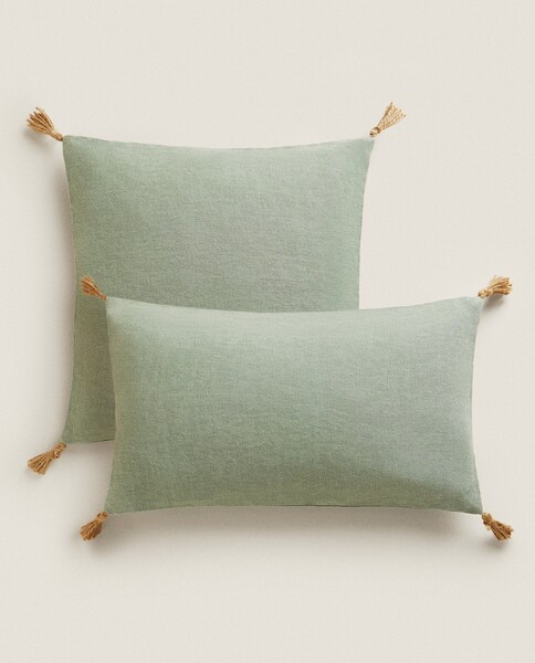 HOUSSE DE COUSSIN LIN POMPONS