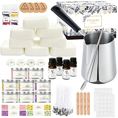 ETUOLIFE Kit de Fabrication de Bougies,DIY Kit Bougie Appropriés pour des Débutants à Avancés Cire de Soja Naturelle Tins Stickers Mèche Les Colorants Pot Ensemble complet de fabrication de bougies