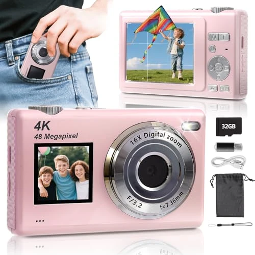 ARNSSIEN Appareil Photo Numérique avecà Double écran,Autofocus 4K 48MP pour Vidéos de Blog,Carte de 32GB, Appareil Photo Compacts,Zoom 16X, Anti-Vibrations, pour Enfants/Ados/Débutants,Y5