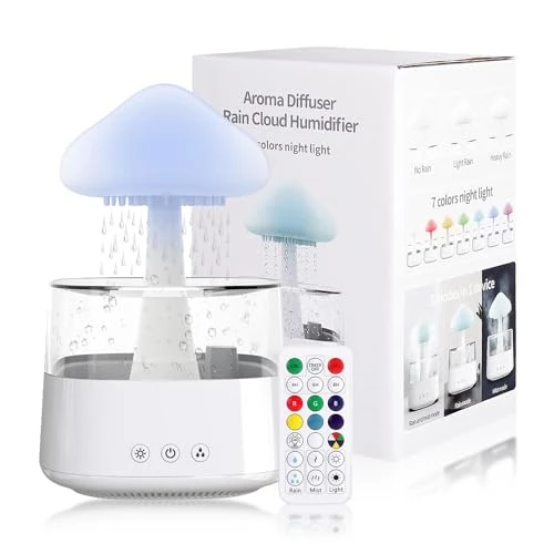 Tissting 450ml Humidificateur Nuage de Pluie, Diffuseur de Nuage de Pluie de Champignon avec Télécommande, Veilleuse D'Humidificateur de Nuage de Pluie, Humidificateur avec 7 Couleurs