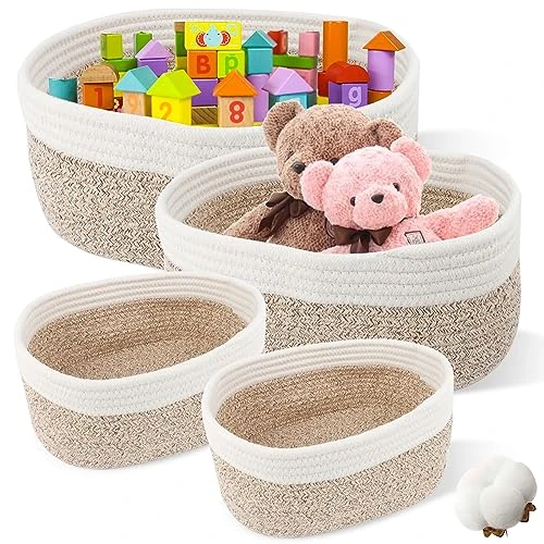 Lot de 4 Panier Rangement Tissé en Corde Coton, Panier en Corde de Coton Empilables Corbeille Rangement Panier Table a Langer Panier Rangement Salle de Bain pour Chambre d'Enfant,Bain,Chambre