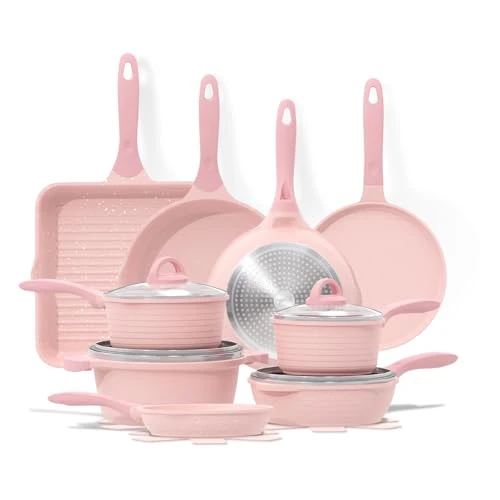 JEETEE Batterie de Cuisine 23 Pcs, Granit-Antiadhésif Sets de Poêles et Casseroles, Parfait comme cadeau pour une nouvelle maison, Convient à Tous les Fourneau, Sans PFOA/PFOS, Pink