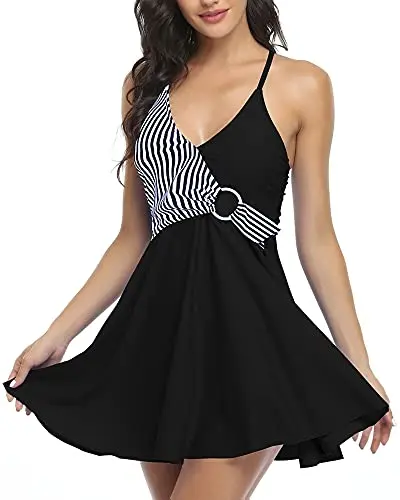 Maillot de Bain Robe Femme 2 Piece Jupette Tankini Grande Taille Bikini Bandeau Push Up Amincissant Beachwear (Bandes Noire L)