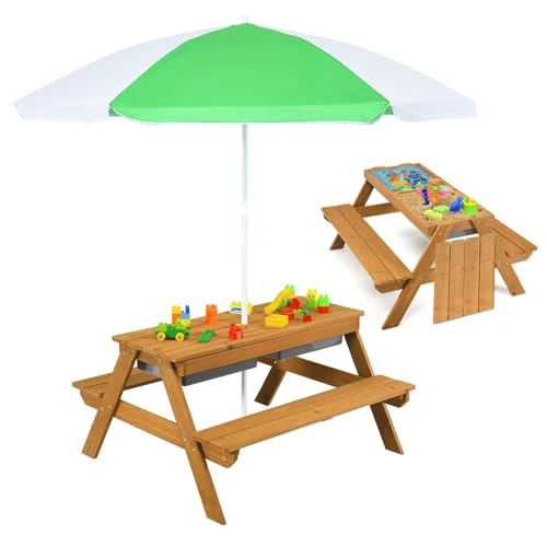 COSTWAY 3 en 1 Table de Pique-Nique Enfants avec Parasol Amovible, Table de Jardin avec Plateau Amovible, 2 Boîtes pour Sable &amp; Eau, Extérieur Intérieur pour 4 Enfants de 3-7 Ans, Charge 50kg