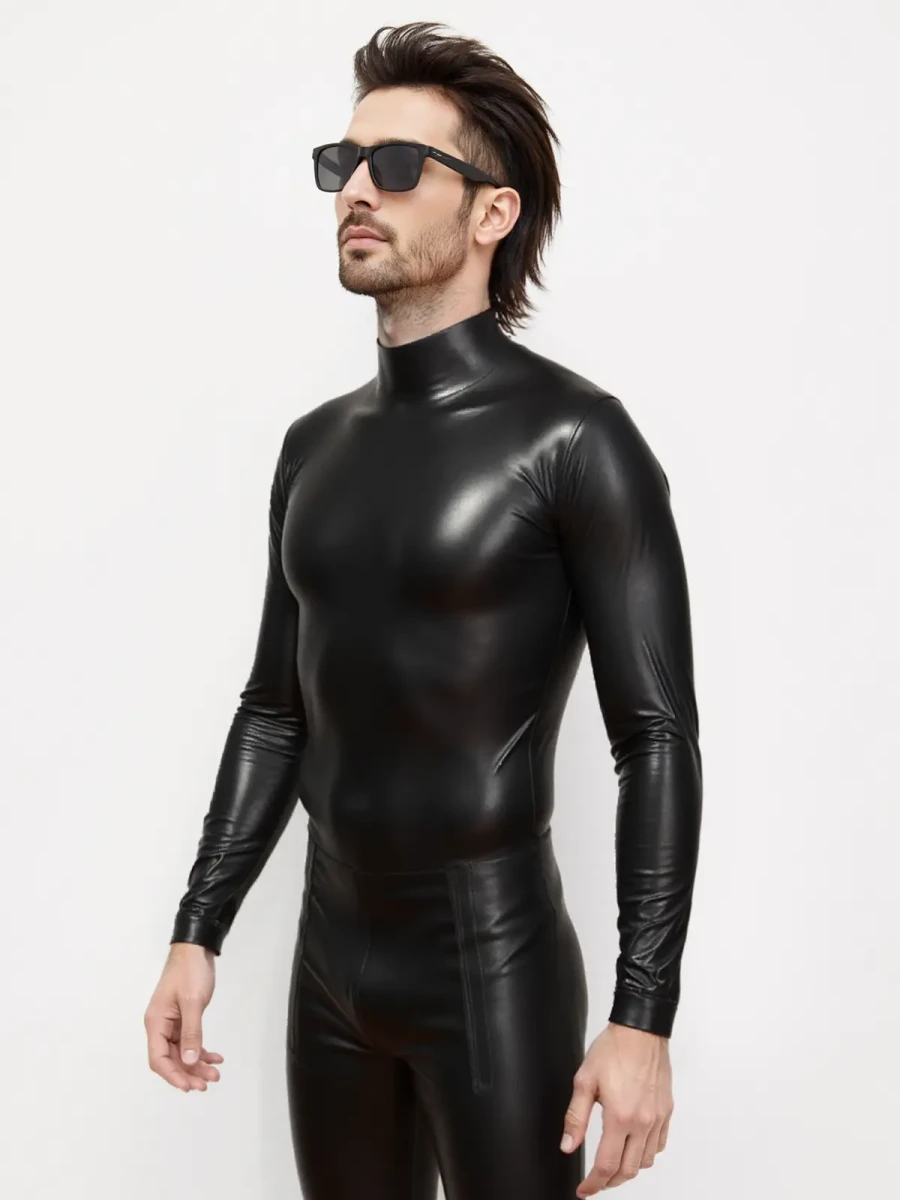 Chemise zippée à col haut en latex pour hommes