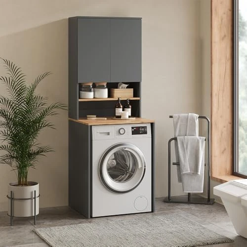 Meuble lave-linge Vicco Anthracite/Chêne Goldkraft Viktor 68x88x60 cm - Meuble de salle de bain pour lave-linge, espace de rangement supplémentaire au-dessus de l'appareil pour lessives et accessoires