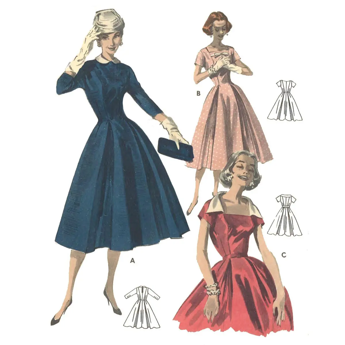 Patron de couture des années 1950 : Robe Princess Line, Rockabilly, Swing - Buste 36" (91,4 cm)