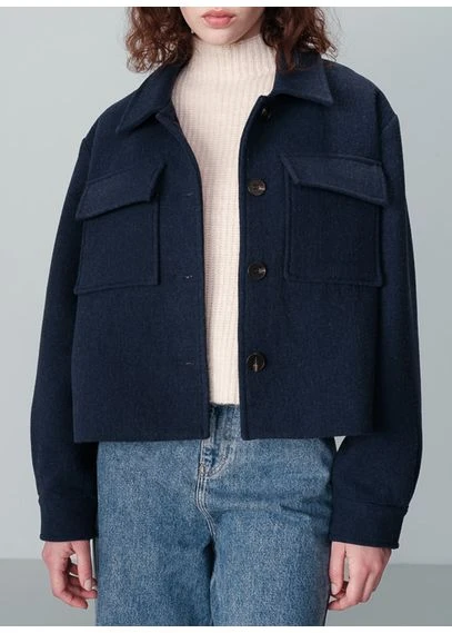 Veste col classique droite en laine mélangée | Bleu