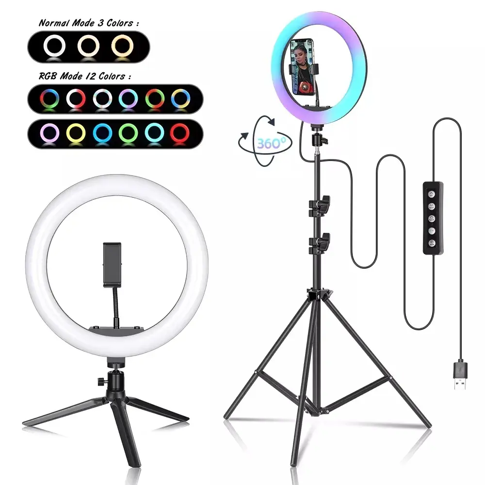 GerTong 12'' Ring Light avec Trépied Grand 1m77 70in, Anneau Lumineux Professionnel avec 40 RVB Mode 13 Niveaux pour Youtube/Maquillage, LED Lampe Anneau Lumière Flashs pour Appareils Photo