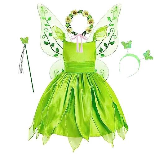 New front Tinkerbelll Costume pour filles Cosplay Princesse Trilly Classique Fille Faux Soie d'Été Fête à Thème Carnaval Halloween Fête d'Anniversaire Vert 120