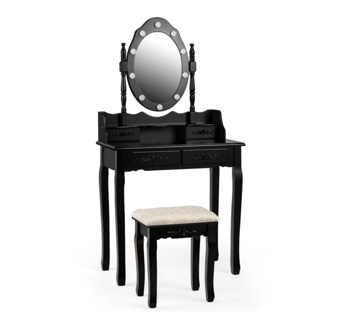 Coiffeuse avec tabouret et miroir rotatif amovible noir 75x40x146cm